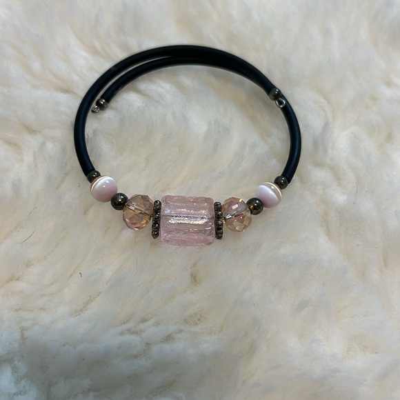 Simple, Pink And Silver Beaded Cuff Bracelet - Picture 1 of 4